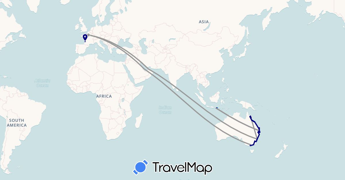TravelMap itinerary: driving, bus, plane, train, hiking, boat in United Arab Emirates, Australia, France, Indonesia, Qatar (Asia, Europe, Oceania)
